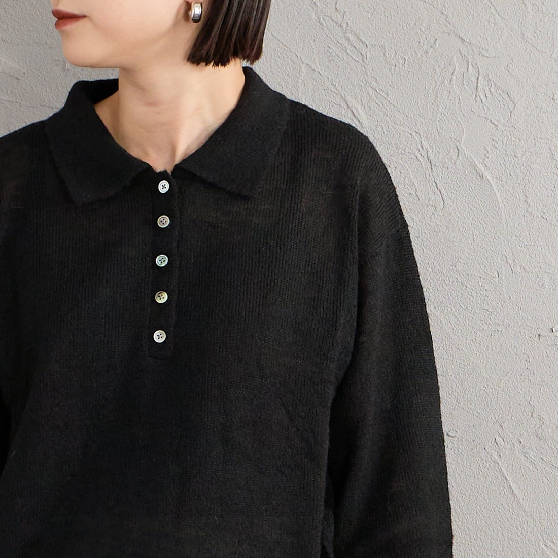 Health knit [ヘルスニット] 別注 モヘアブレンドポロニット [HR26F-L463IN-JF] BLACK &&モデル身長：150cm 着用サイズ：F&&