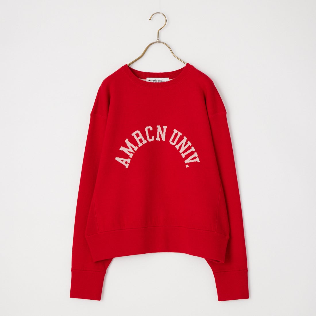 Americana × JEANS FACTORY [アメリカーナ × ジーンズファクトリー] 別注 ショート丈 フロントロゴ スウェットライク クルーネックニット [ASO-C-902-1-JF]