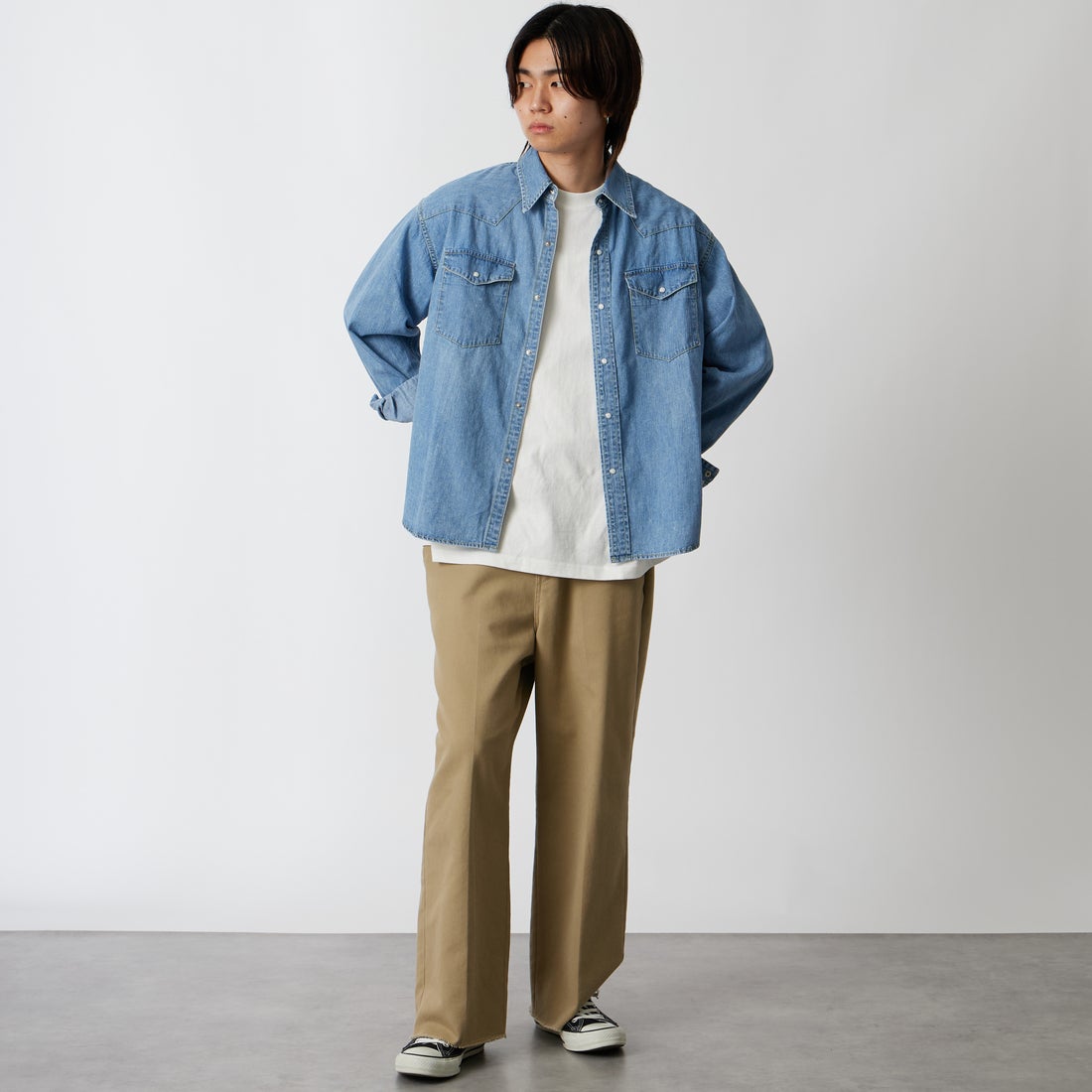REMI RELIEF [レミレリーフ] 別注 ウェスタンシャツ [RN30389307-JF] DENIM &&モデル身長：177cm 着用サイズ：M&&