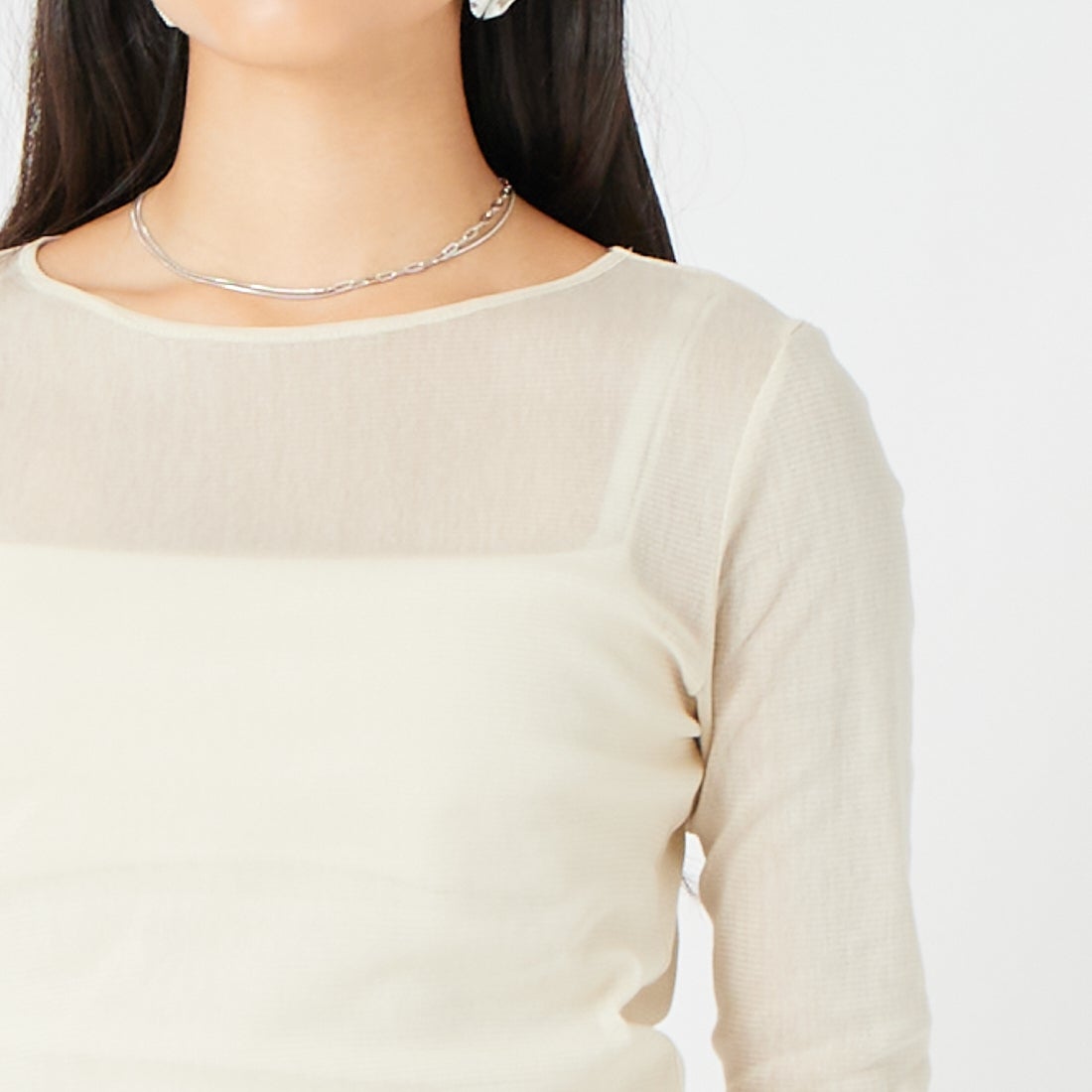 MICA&DEAL [マイカアンドディール] コットンチュールロングスリーブTシャツ [0126309065] ECRU &&モデル身長：162cm 着用サイズ：F&&