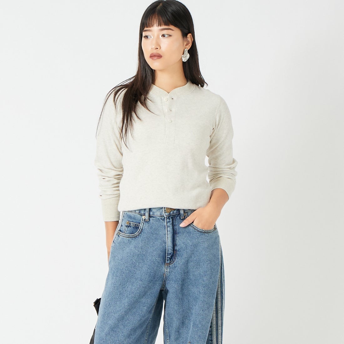 FAITH MILLS [フェイスミルズ] サーマルヘンリーネックプルオーバー [FAITH-251-01] OATMEAL &&モデル身長：162cm 着用サイズ：M&&