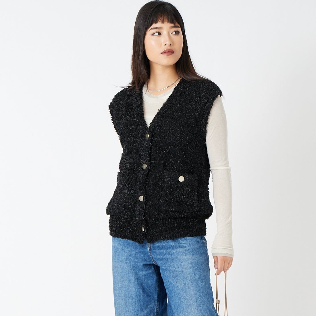 CLOCHE [クロシェ] テープヤーンニットベスト [65285516] ﾌﾞﾗｯｸ &&モデル身長：162cm 着用サイズ：2&&