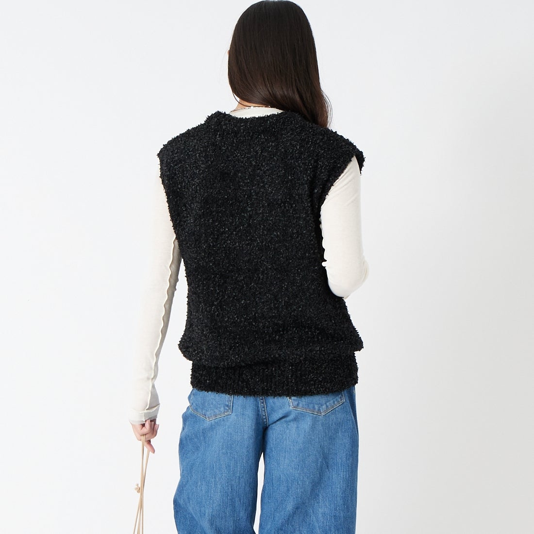 CLOCHE [クロシェ] テープヤーンニットベスト [65285516] ﾌﾞﾗｯｸ &&モデル身長：162cm 着用サイズ：2&&