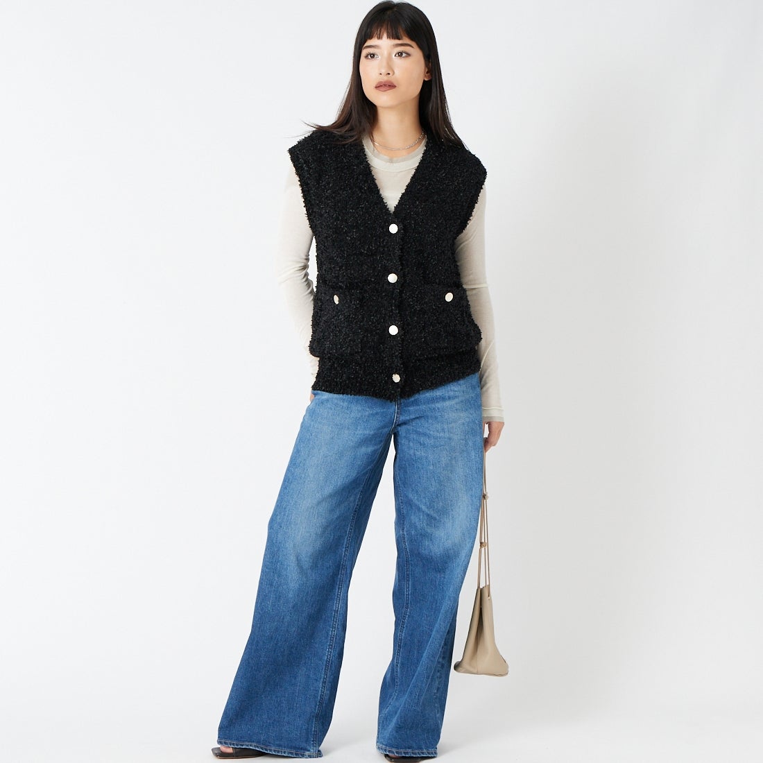 CLOCHE [クロシェ] テープヤーンニットベスト [65285516] ﾌﾞﾗｯｸ &&モデル身長：162cm 着用サイズ：2&&
