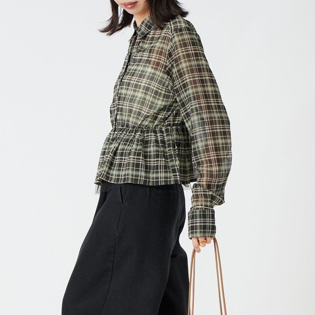 &g'aime [アンジェム] シアーチェックペプラムシャツ [293-69205] ｸﾞﾘｰﾝ &&モデル身長：162cm 着用サイズ：F&&