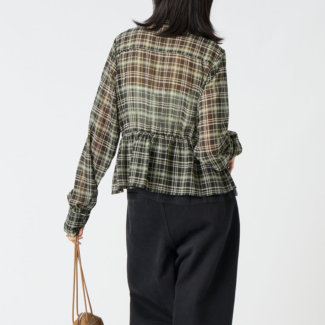 &g'aime [アンジェム] シアーチェックペプラムシャツ [293-69205] ｸﾞﾘｰﾝ &&モデル身長：162cm 着用サイズ：F&&