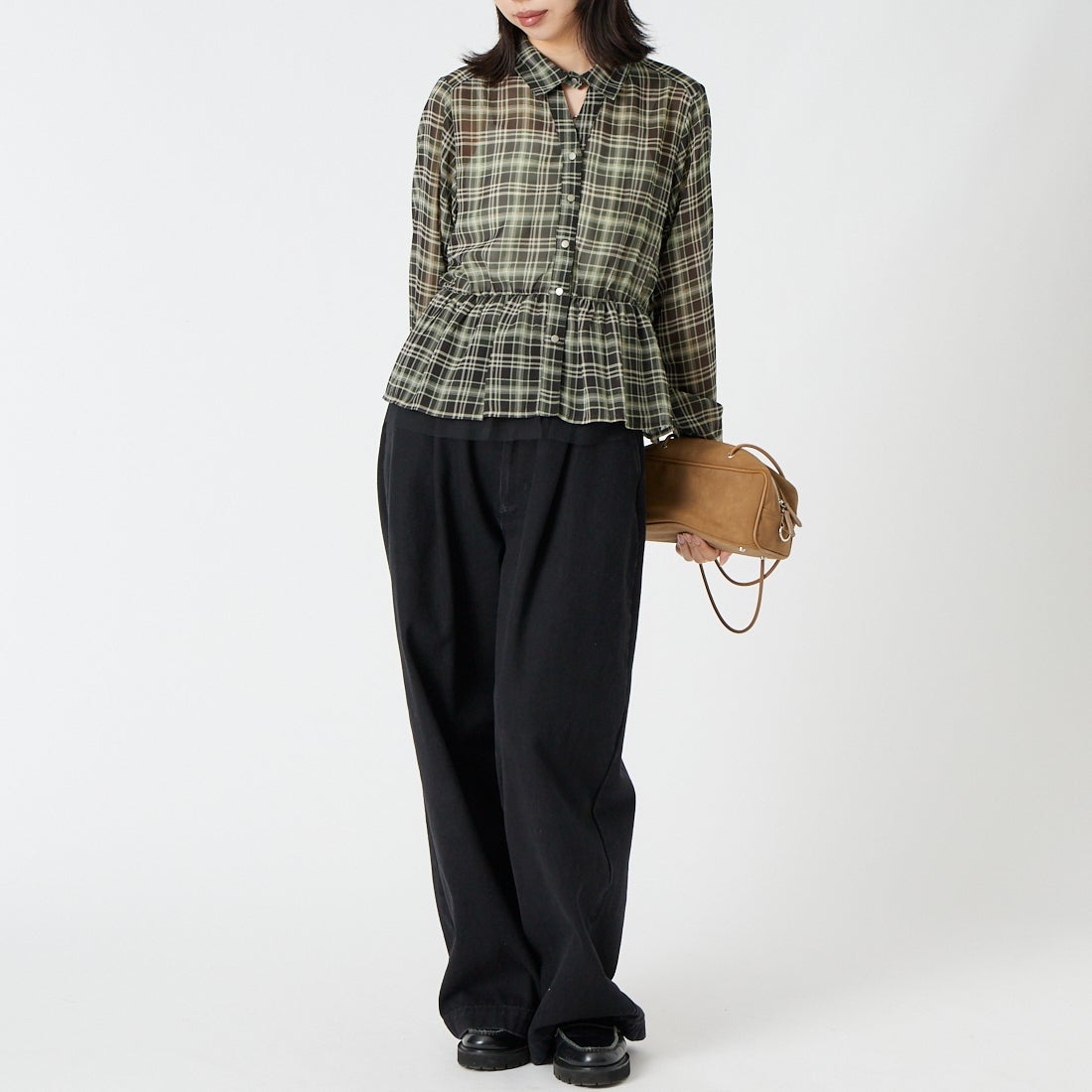&g'aime [アンジェム] シアーチェックペプラムシャツ [293-69205] ｸﾞﾘｰﾝ &&モデル身長：162cm 着用サイズ：F&&