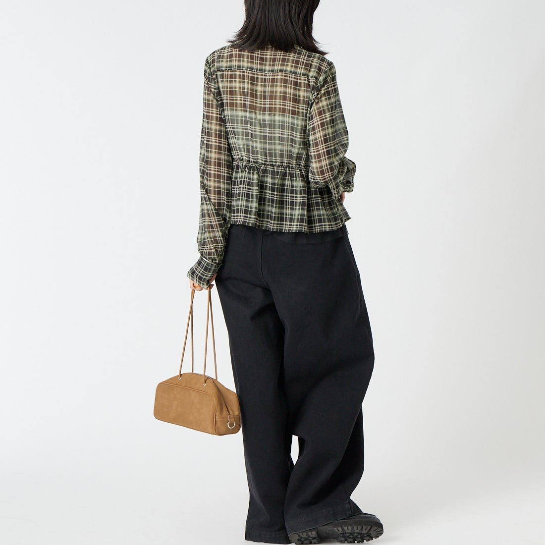 &g'aime [アンジェム] シアーチェックペプラムシャツ [293-69205] ｸﾞﾘｰﾝ &&モデル身長：162cm 着用サイズ：F&&