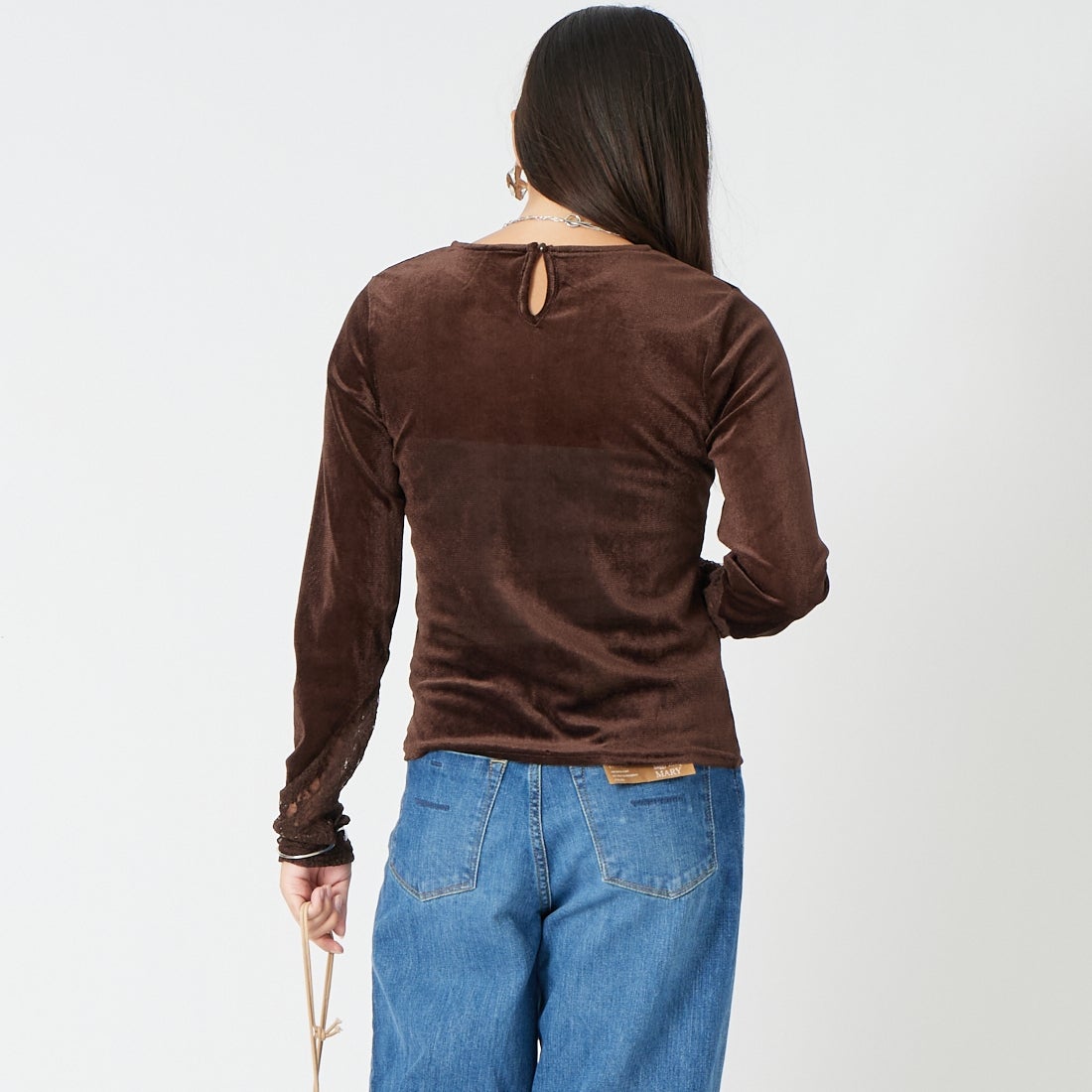 &g'aime [アンジェム] シアーベロア袖レーストップス [557-69111] ﾌﾞﾗｳﾝ &&モデル身長：162cm 着用サイズ：F&&