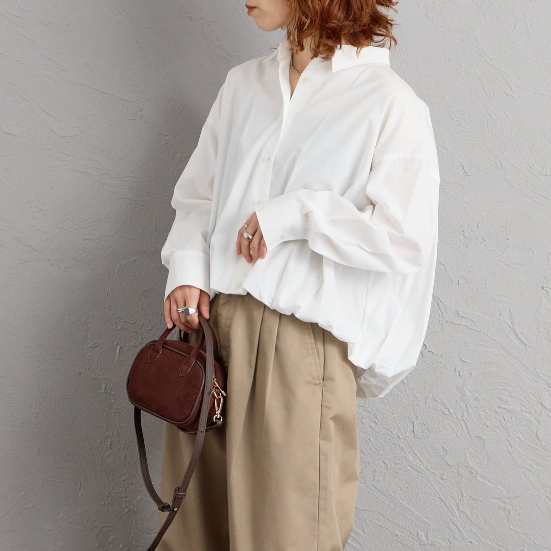 mizuiro ind [ミズイロインド] ロングスリーブバルーンシャツ [3-230132] 11 OFF WHI &&モデル身長：158cm 着用サイズ：F&&