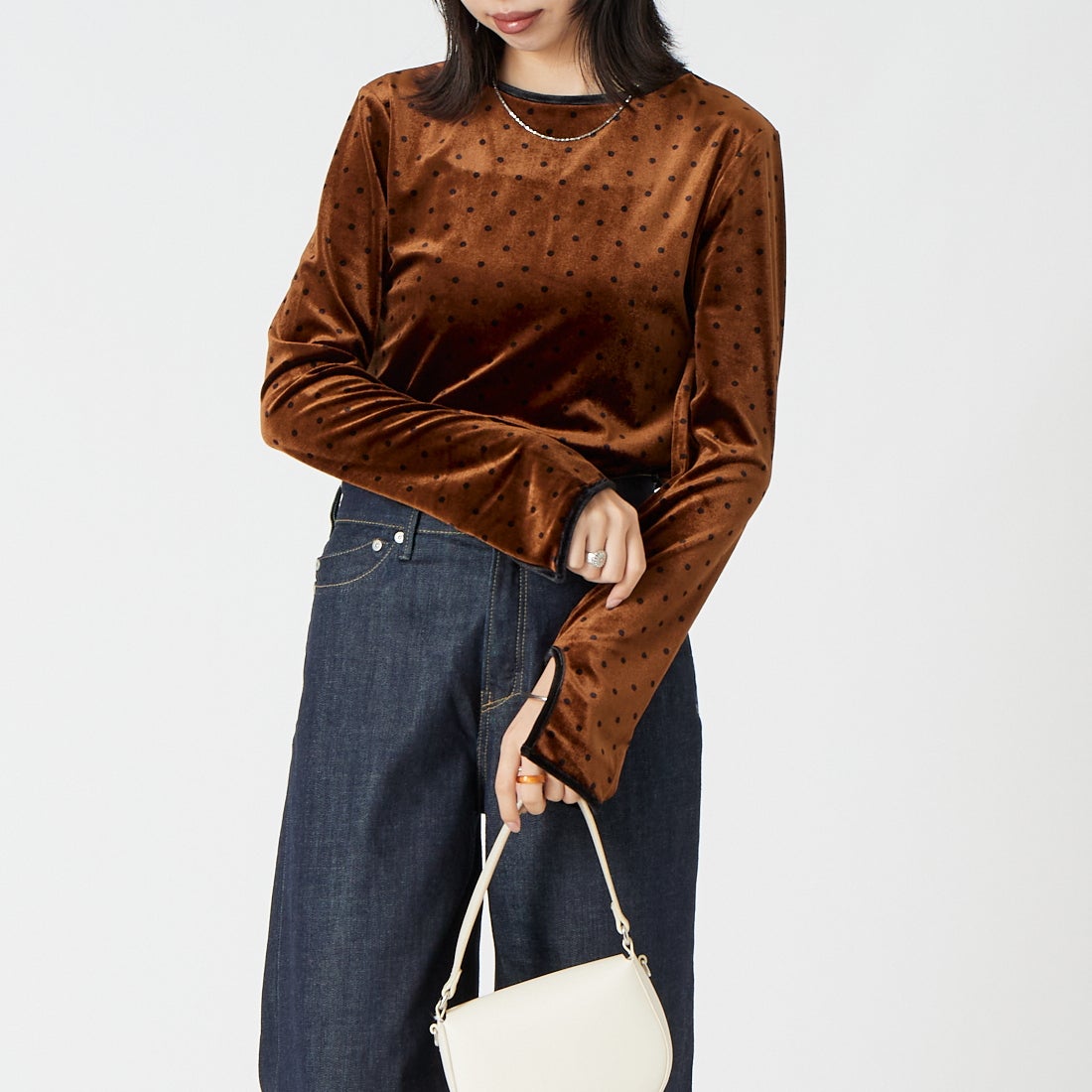 Jeans Factory Clothes [ジーンズファクトリークローズ] パイピングベロアドットプルオーバー [04338-AD] BROWN &&モデル身長：162cm 着用サイズ：F&&