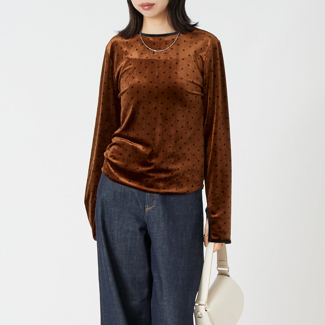 Jeans Factory Clothes [ジーンズファクトリークローズ] パイピングベロアドットプルオーバー [04338-AD] BROWN &&モデル身長：162cm 着用サイズ：F&&
