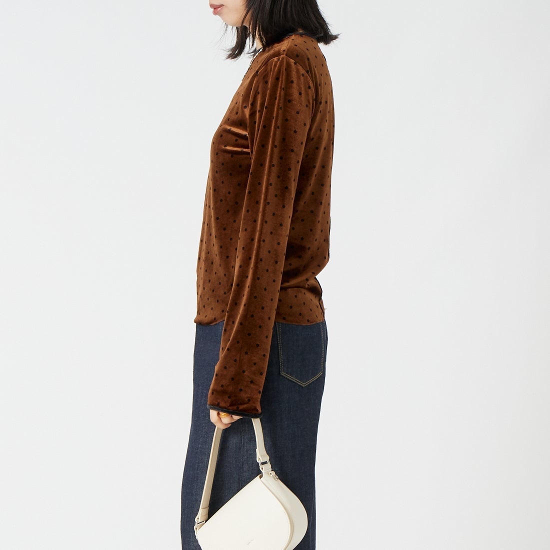 Jeans Factory Clothes [ジーンズファクトリークローズ] パイピングベロアドットプルオーバー [04338-AD] BROWN &&モデル身長：162cm 着用サイズ：F&&