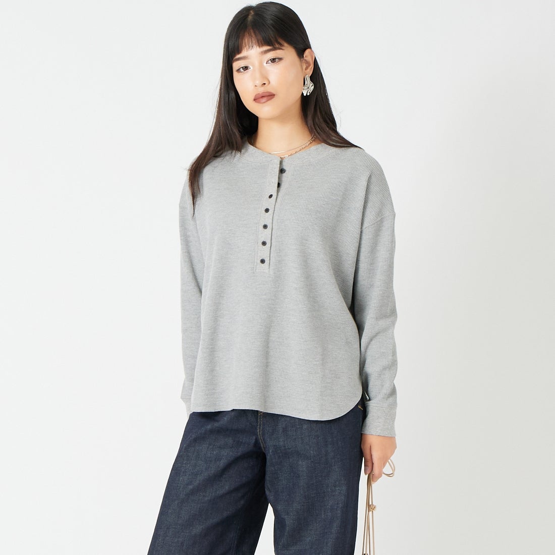 Jf Ready Made [ジェイエフレディメイド] ワッフルヘンリーネックロングTシャツ [3205108] 805 ｸﾞﾚｲ &&モデル身長：162cm 着用サイズ：F&&