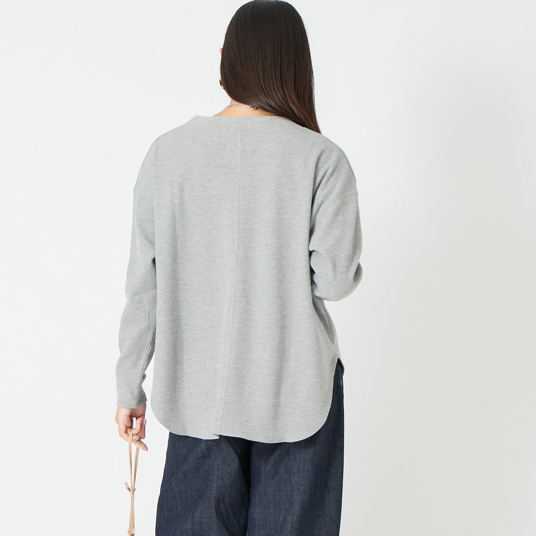 Jf Ready Made [ジェイエフレディメイド] ワッフルヘンリーネックロングTシャツ [3205108] 805 ｸﾞﾚｲ &&モデル身長：162cm 着用サイズ：F&&