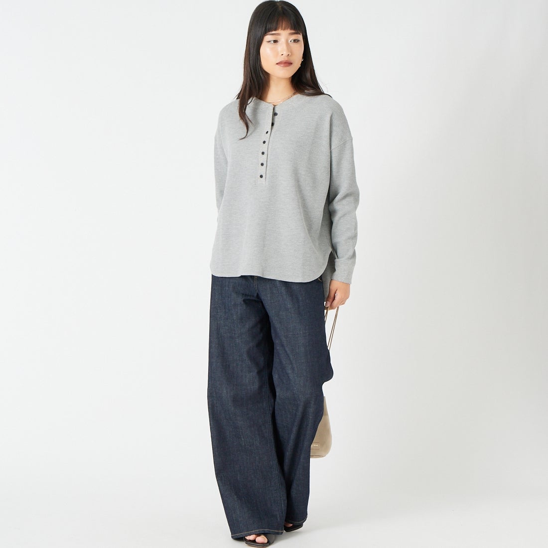 Jf Ready Made [ジェイエフレディメイド] ワッフルヘンリーネックロングTシャツ [3205108] 805 ｸﾞﾚｲ &&モデル身長：162cm 着用サイズ：F&&