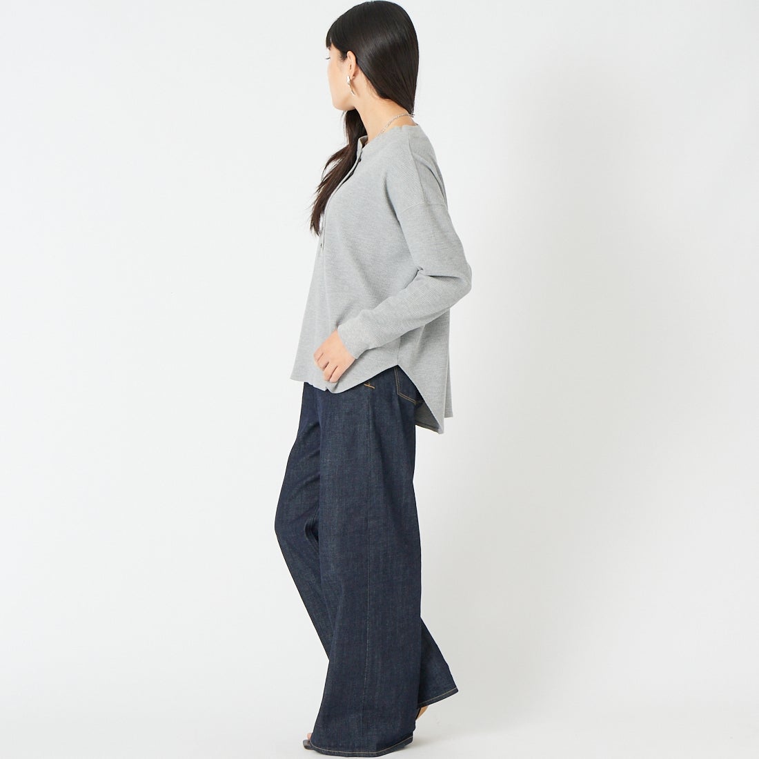 Jf Ready Made [ジェイエフレディメイド] ワッフルヘンリーネックロングTシャツ [3205108] 805 ｸﾞﾚｲ &&モデル身長：162cm 着用サイズ：F&&