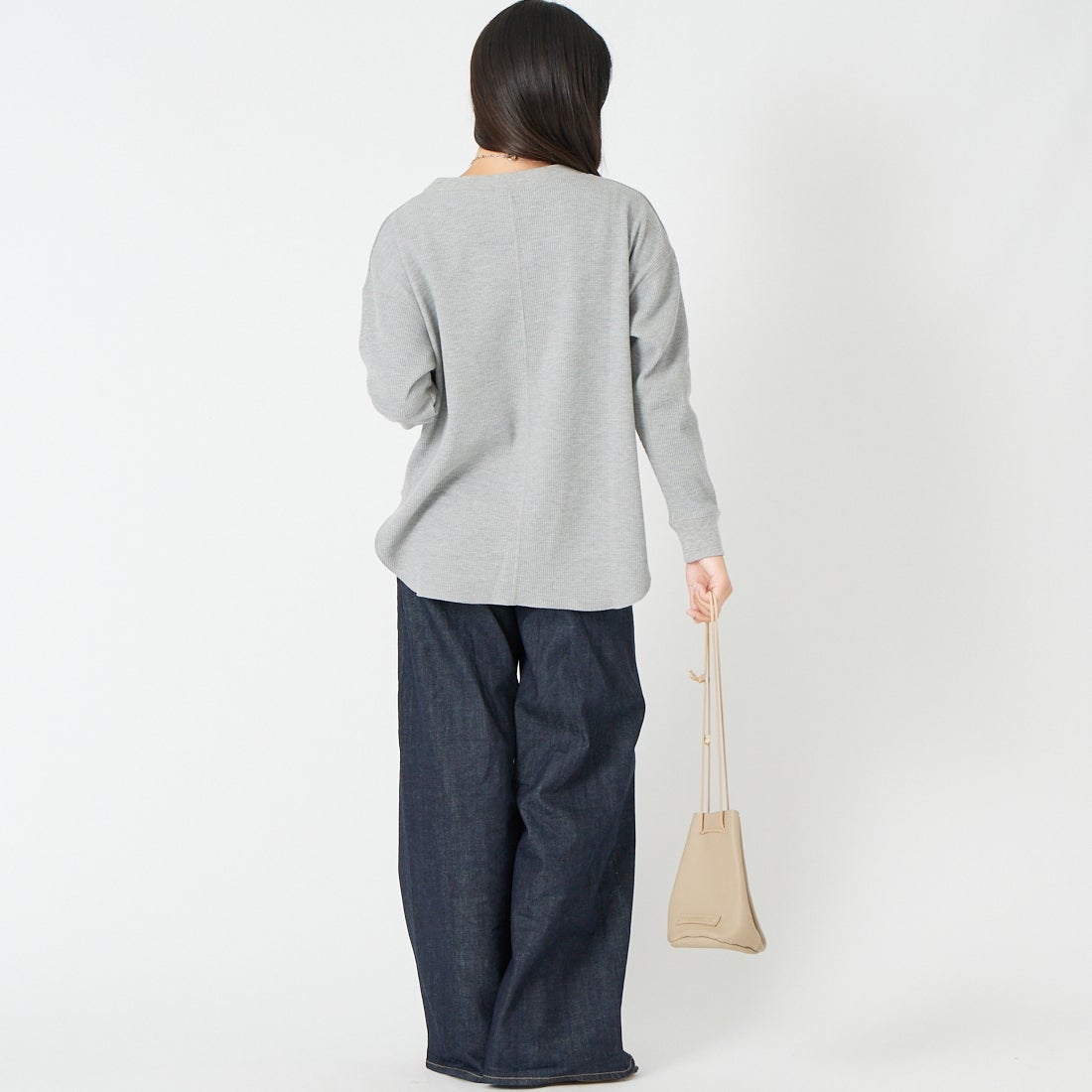 Jf Ready Made [ジェイエフレディメイド] ワッフルヘンリーネックロングTシャツ [3205108] 805 ｸﾞﾚｲ &&モデル身長：162cm 着用サイズ：F&&