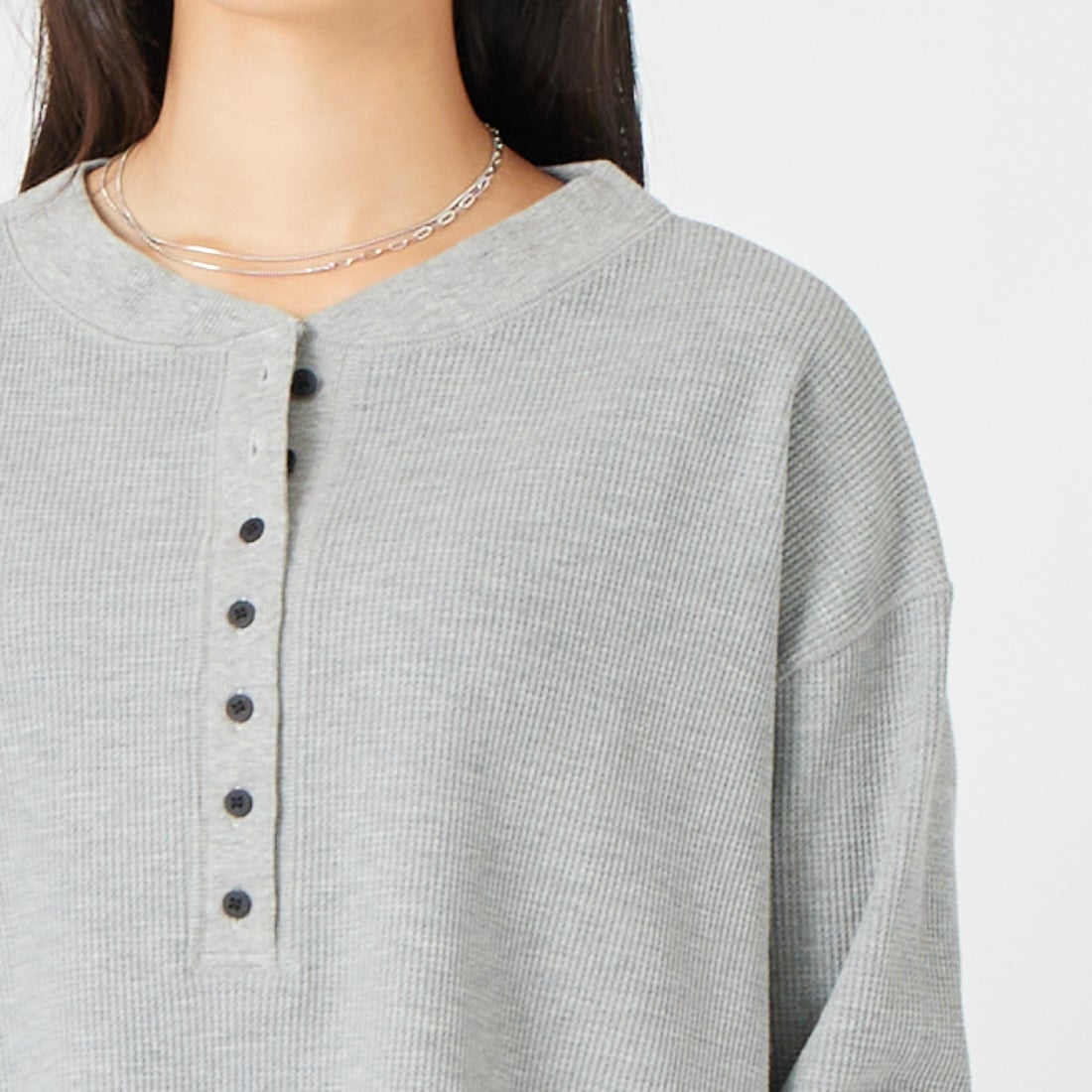 Jf Ready Made [ジェイエフレディメイド] ワッフルヘンリーネックロングTシャツ [3205108] 805 ｸﾞﾚｲ &&モデル身長：162cm 着用サイズ：F&&