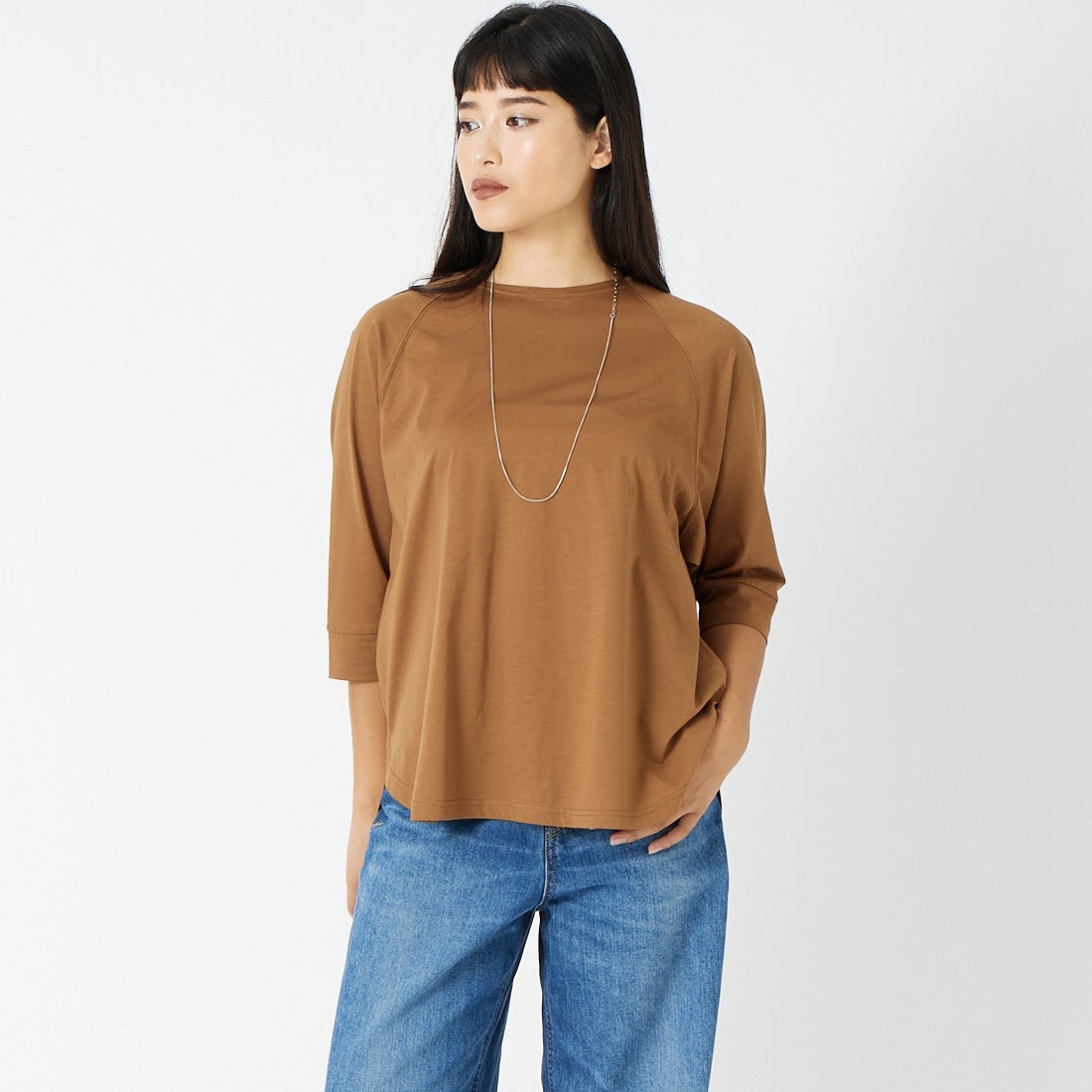 Jf Ready Made [ジェイエフレディメイド] シルケット天竺ラグラン7分袖Tシャツ [3205107] 701 ﾌﾞﾗｳﾝ &&モデル身長：162cm 着用サイズ：F&&
