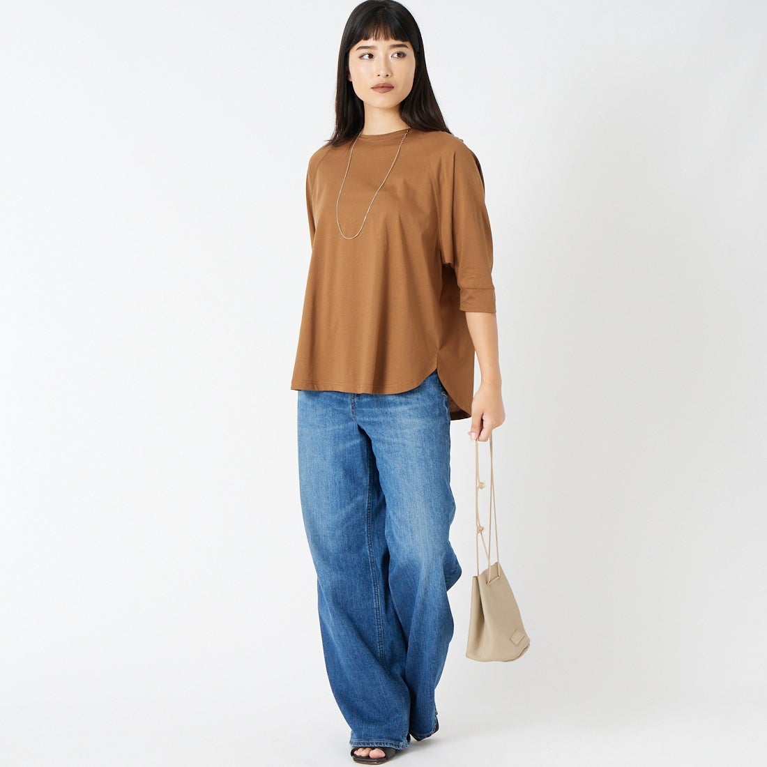 Jf Ready Made [ジェイエフレディメイド] シルケット天竺ラグラン7分袖Tシャツ [3205107] 701 ﾌﾞﾗｳﾝ &&モデル身長：162cm 着用サイズ：F&&