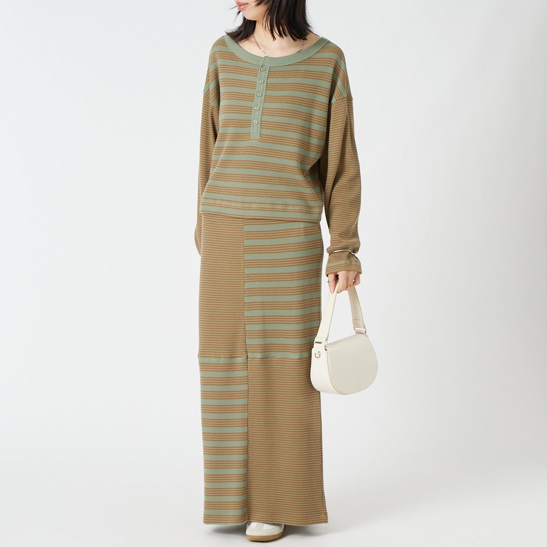 Robert P.Miller [ロバートピーミラー] ワッフルスカート [RM264-2299] OLV/BEG &&モデル身長：162cm 着用サイズ：F&&