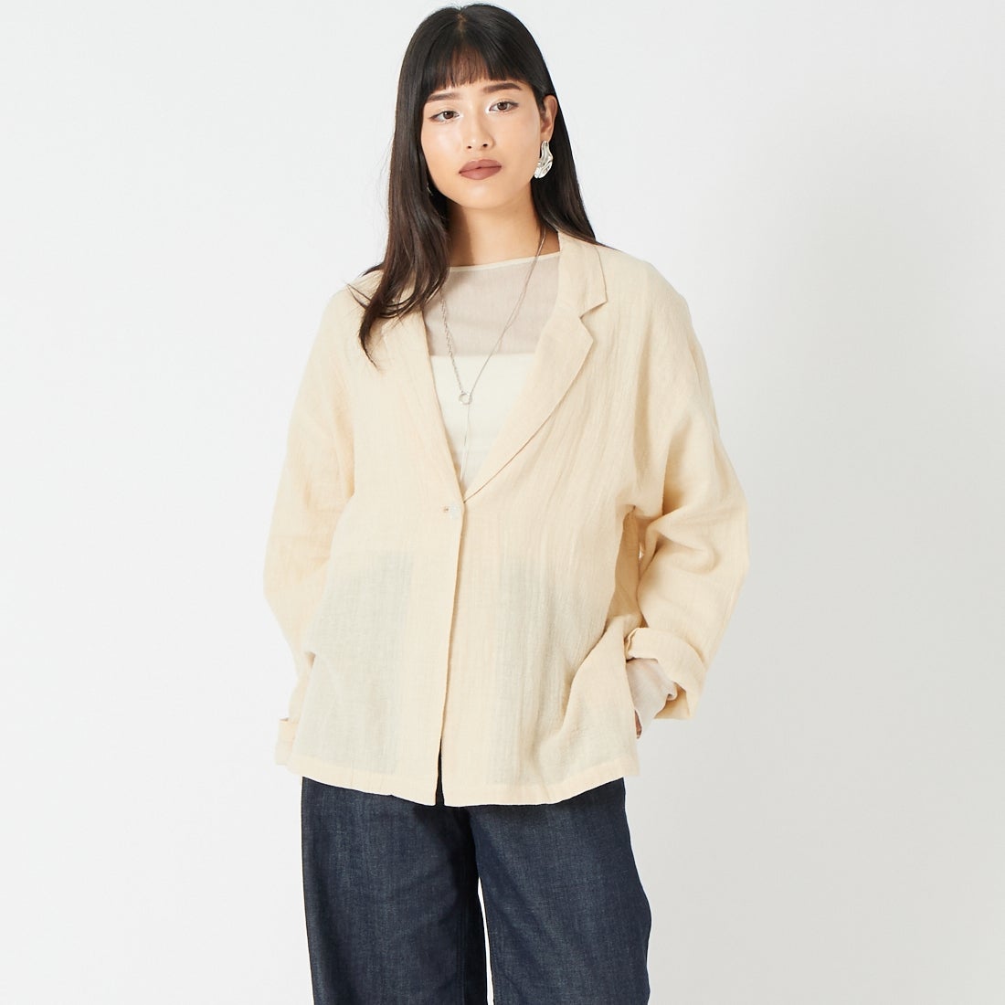 Jeans Factory Clothes [ジーンズファクトリークローズ] シアーリネンシャツジャケット [25781-NR] BEIGE &&モデル身長：162cm 着用サイズ：F&&
