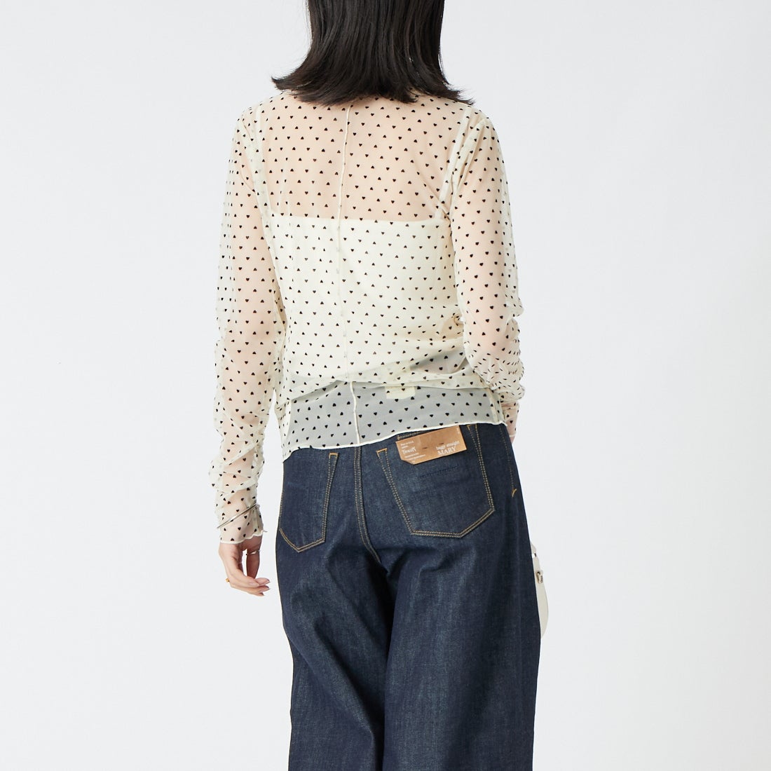 Jeans Factory Clothes [ジーンズファクトリークローズ] フロッキーハートチュールトップス [04339-AD] OFF WHITE &&モデル身長：162cm 着用サイズ：F&&