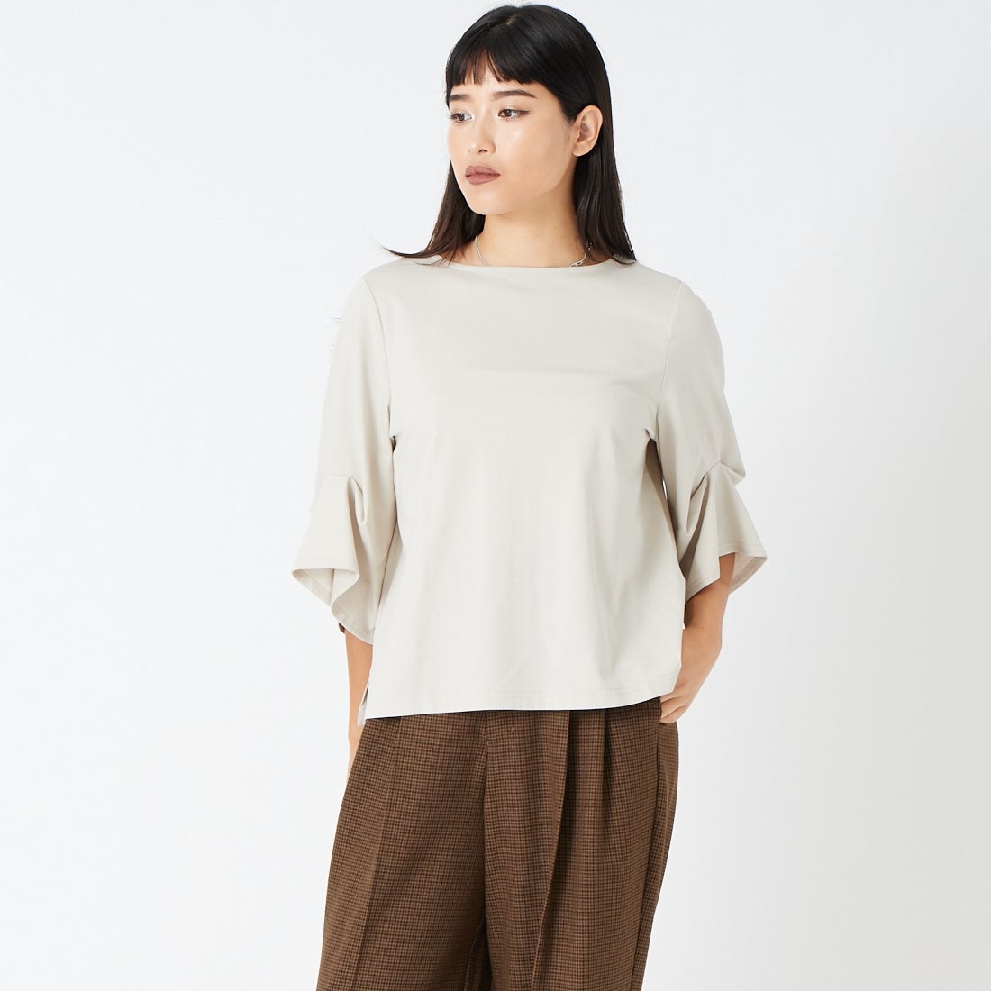 Jf Ready Made [ジェイエフレディメイド] TCシルケット袖タック7分袖Tシャツ [3205102] 810 Lｸﾞﾚｲ &&モデル身長：162cm 着用サイズ：F&&