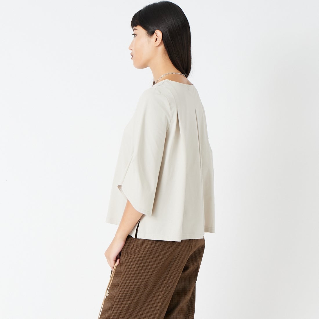 Jf Ready Made [ジェイエフレディメイド] TCシルケット袖タック7分袖Tシャツ [3205102] 810 Lｸﾞﾚｲ &&モデル身長：162cm 着用サイズ：F&&