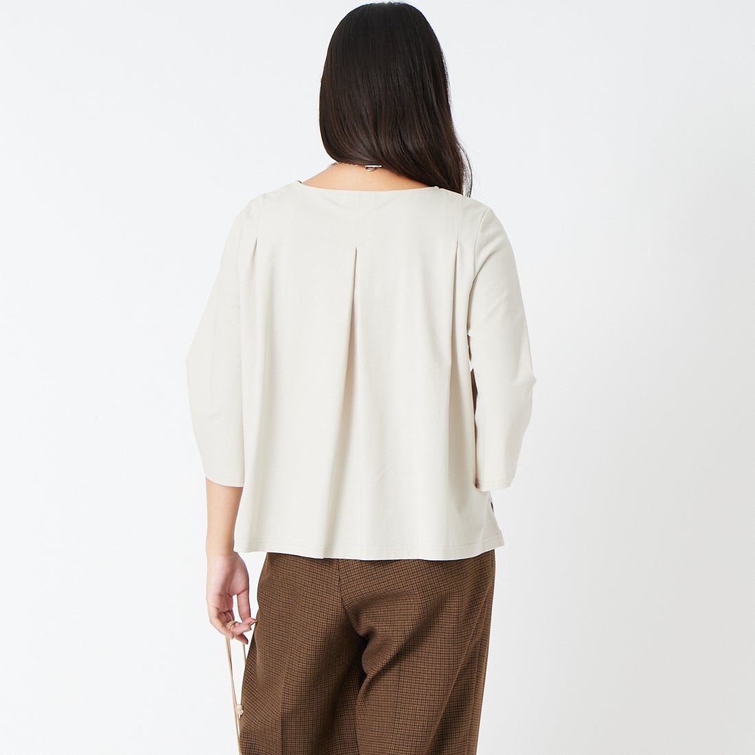 Jf Ready Made [ジェイエフレディメイド] TCシルケット袖タック7分袖Tシャツ [3205102] 810 Lｸﾞﾚｲ &&モデル身長：162cm 着用サイズ：F&&
