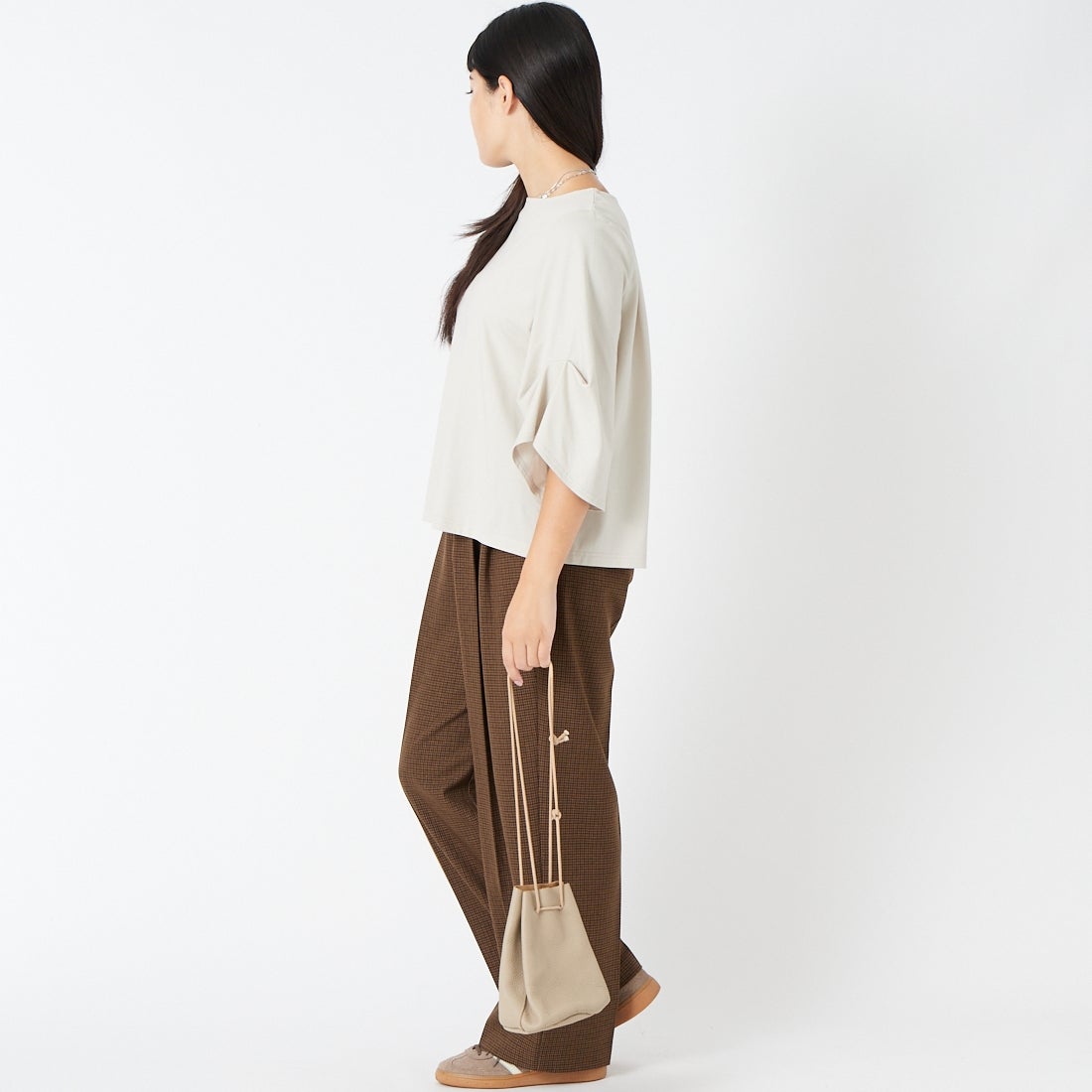 Jf Ready Made [ジェイエフレディメイド] TCシルケット袖タック7分袖Tシャツ [3205102] 810 Lｸﾞﾚｲ &&モデル身長：162cm 着用サイズ：F&&