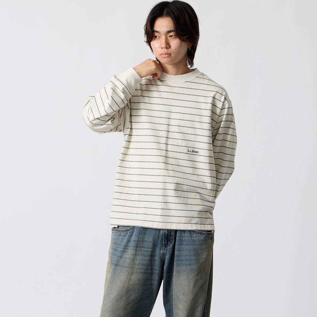 L.L.BEAN [エルエルビーン] Union ロングスリーブボーダーTシャツ [6475-5038] 90 BIR/GRA &&モデル身長：177cm 着用サイズ：M&&