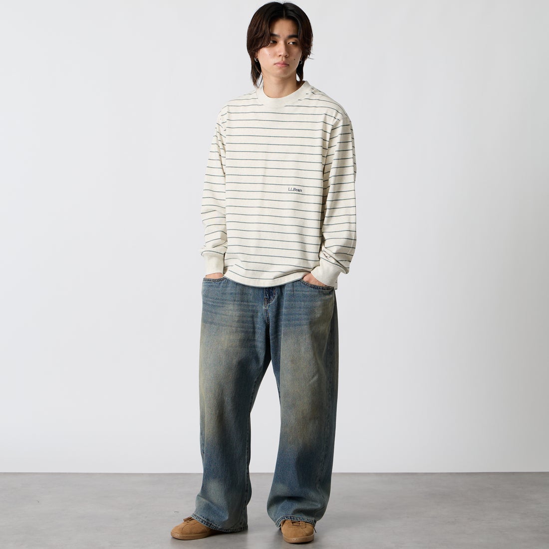 L.L.BEAN [エルエルビーン] Union ロングスリーブボーダーTシャツ [6475-5038] 90 BIR/GRA &&モデル身長：177cm 着用サイズ：M&&