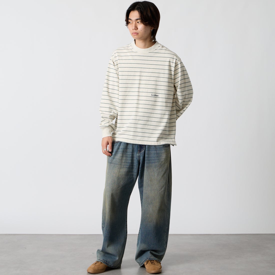 L.L.BEAN [エルエルビーン] Union ロングスリーブボーダーTシャツ [6475-5038] 90 BIR/GRA &&モデル身長：177cm 着用サイズ：M&&
