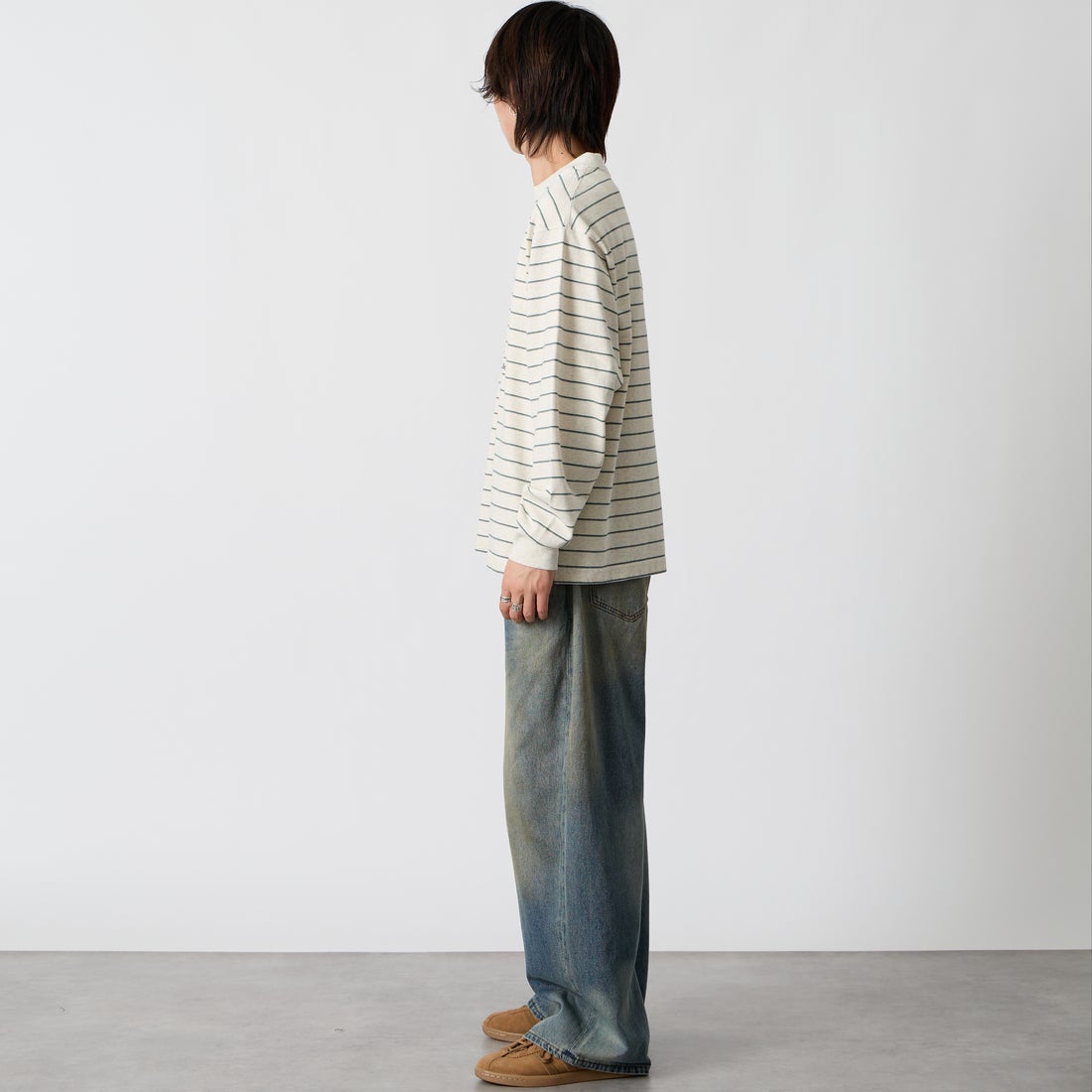 L.L.BEAN [エルエルビーン] Union ロングスリーブボーダーTシャツ [6475-5038] 90 BIR/GRA &&モデル身長：177cm 着用サイズ：M&&