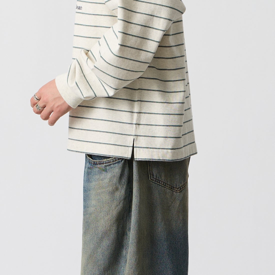 L.L.BEAN [エルエルビーン] Union ロングスリーブボーダーTシャツ [6475-5038] 90 BIR/GRA &&モデル身長：177cm 着用サイズ：M&&