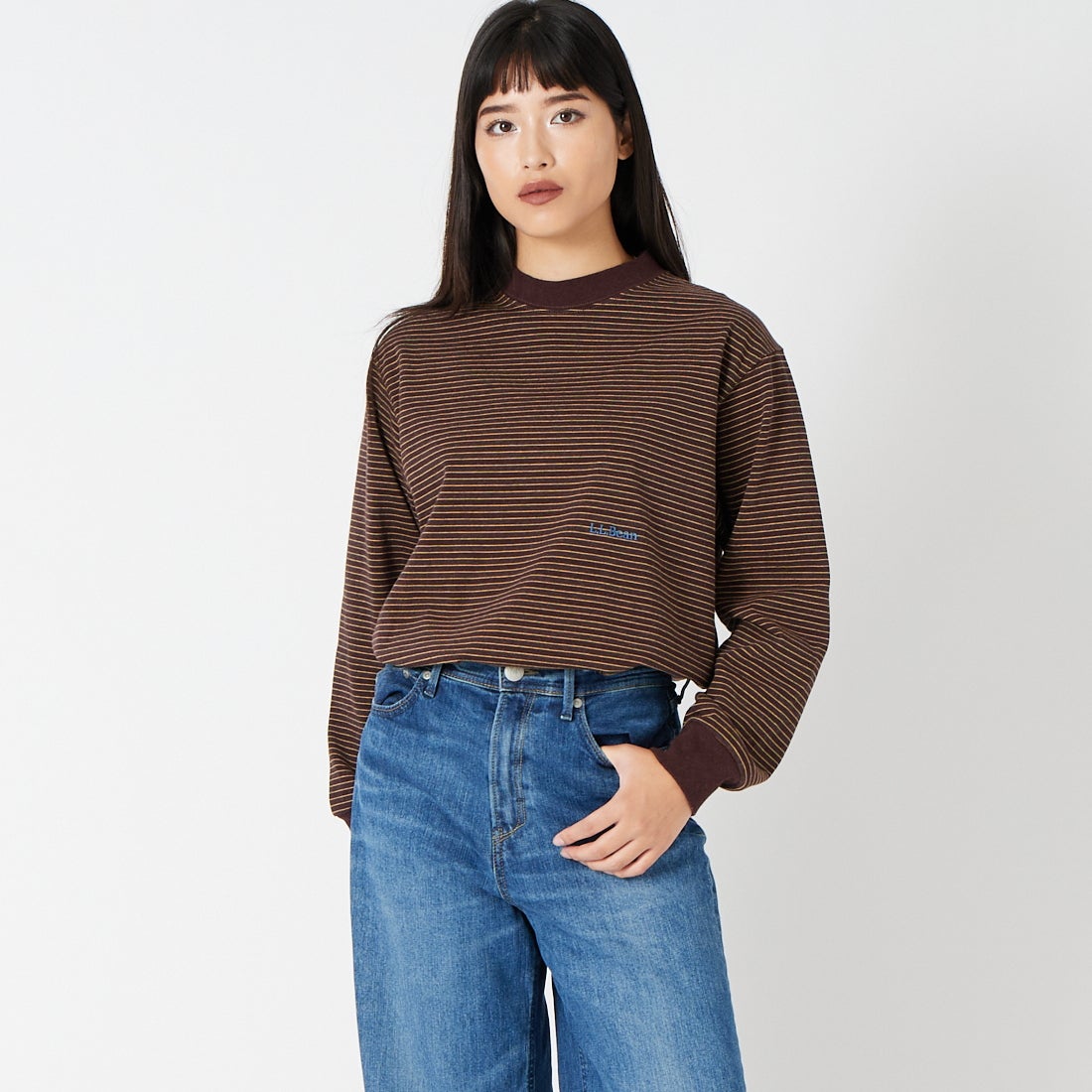 L.L.BEAN [エルエルビーン] Union ロングスリーブボーダーTシャツ [6475-5138] 92 BRN/YEL &&モデル身長：162cm 着用サイズ：M&&