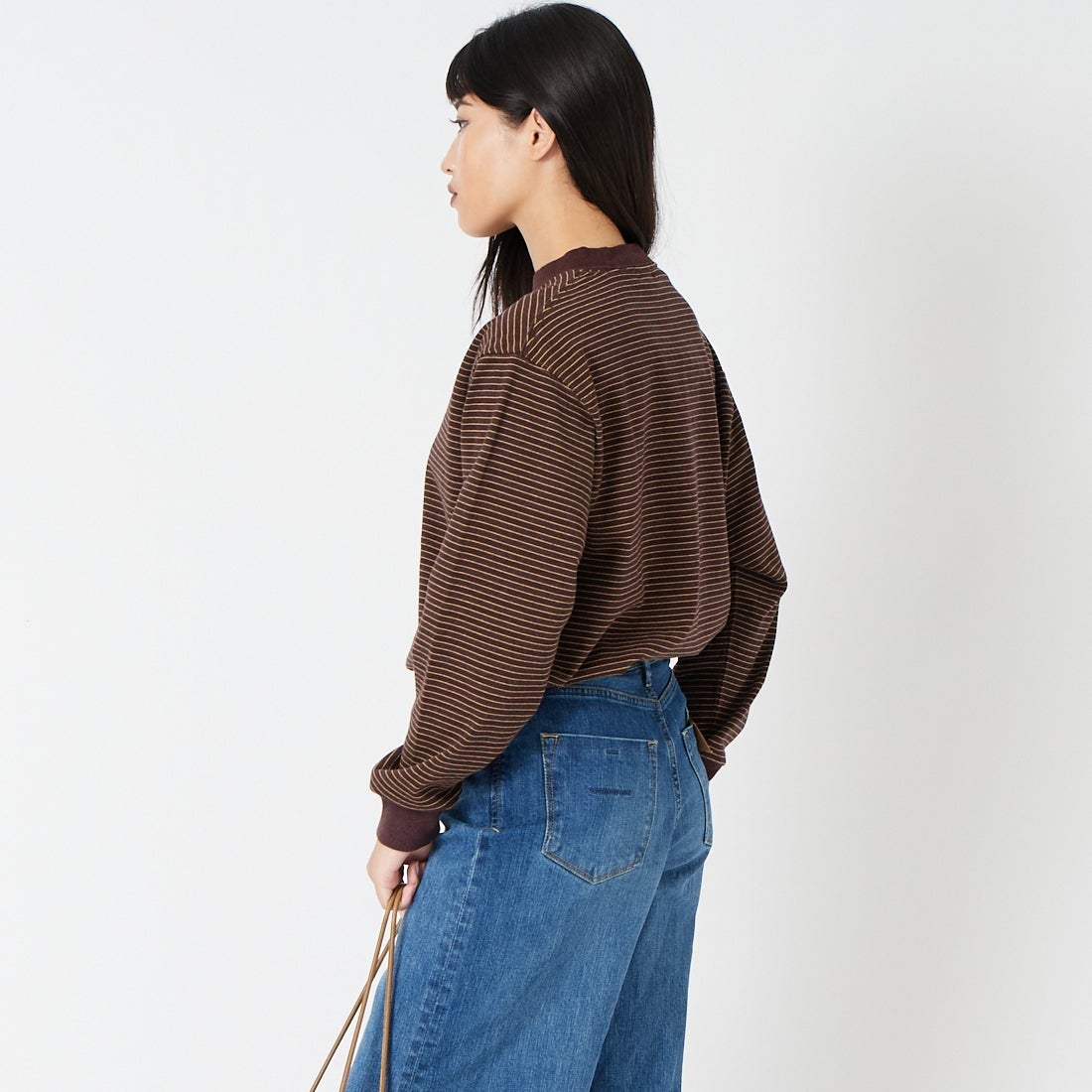L.L.BEAN [エルエルビーン] Union ロングスリーブボーダーTシャツ [6475-5138] 92 BRN/YEL &&モデル身長：162cm 着用サイズ：M&&