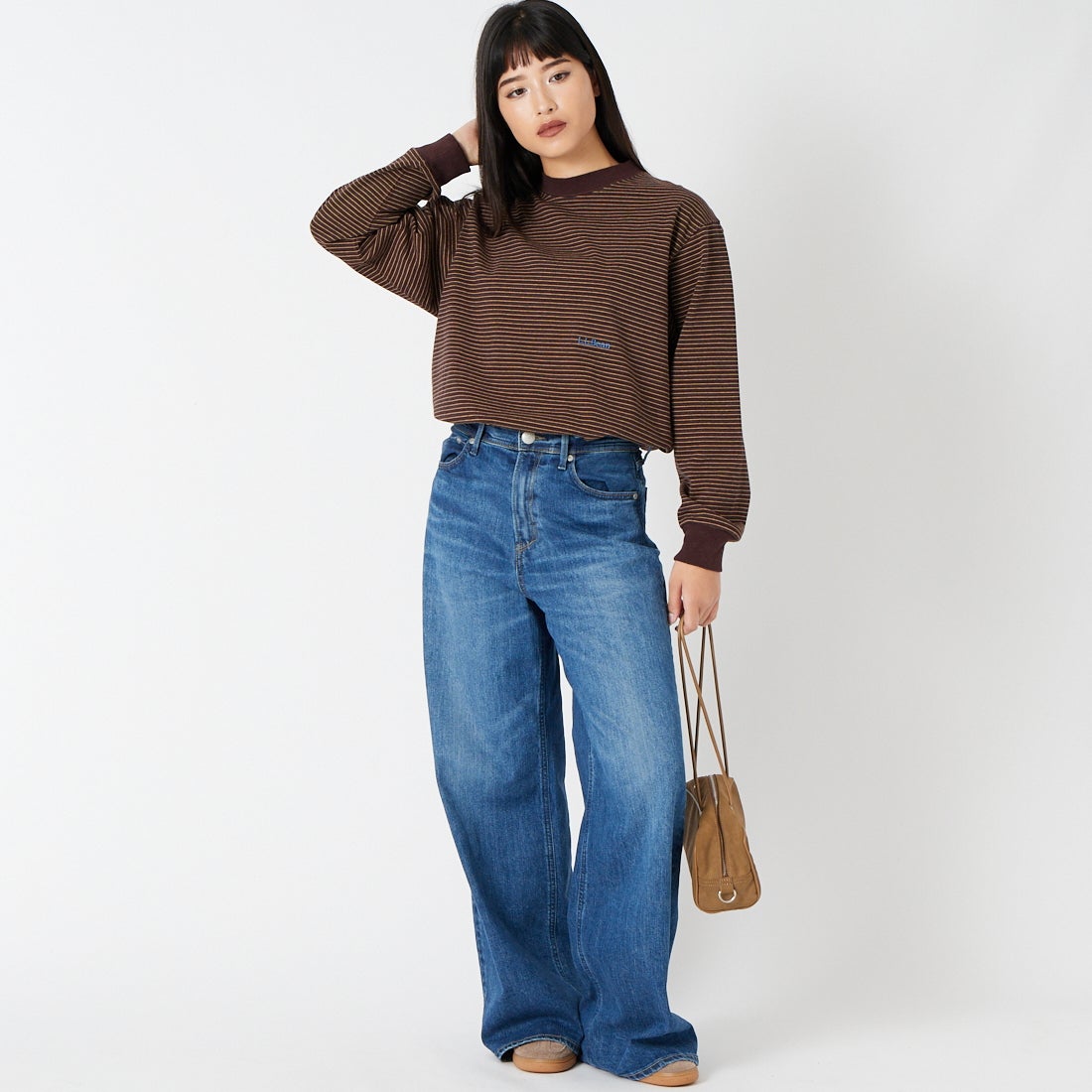L.L.BEAN [エルエルビーン] Union ロングスリーブボーダーTシャツ [6475-5138] 92 BRN/YEL &&モデル身長：162cm 着用サイズ：M&&