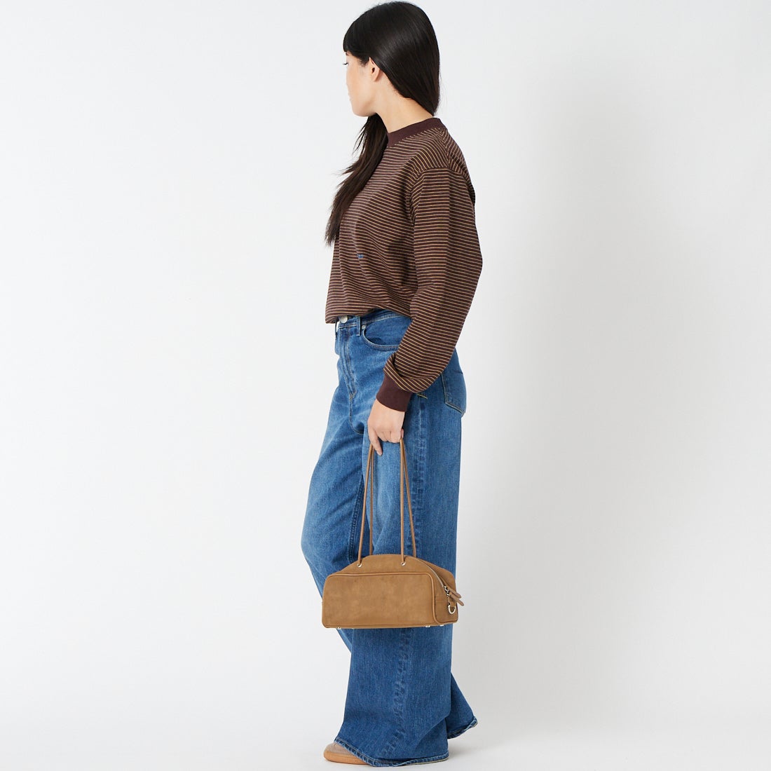 L.L.BEAN [エルエルビーン] Union ロングスリーブボーダーTシャツ [6475-5138] 92 BRN/YEL &&モデル身長：162cm 着用サイズ：M&&