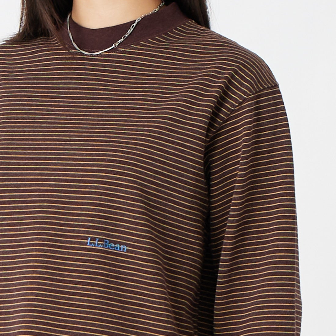 L.L.BEAN [エルエルビーン] Union ロングスリーブボーダーTシャツ [6475-5138] 92 BRN/YEL &&モデル身長：162cm 着用サイズ：M&&