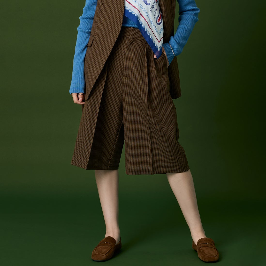 USINE [ユジーヌ] イージーケアバミューダパンツ [21269054] ﾌﾞﾗｳﾝﾁｪｯｸ &&モデル身長：162cm 着用サイズ：36&&