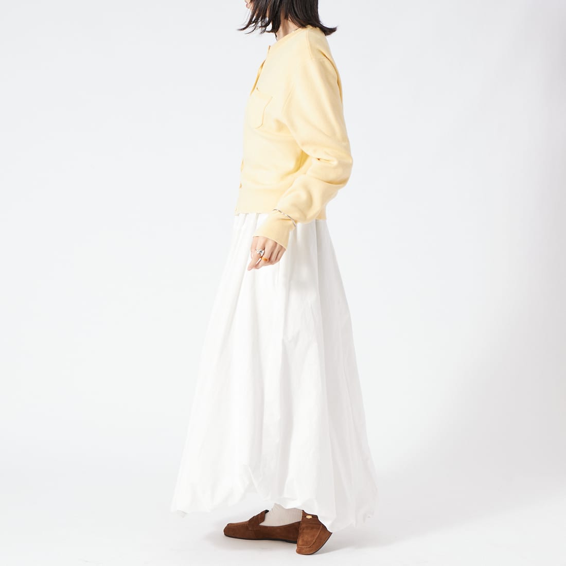 USINE [ユジーヌ] コットンカシミヤカーディガン [11269846]ｲｴﾛｰ &&モデル身長：162cm 着用サイズ：F&&