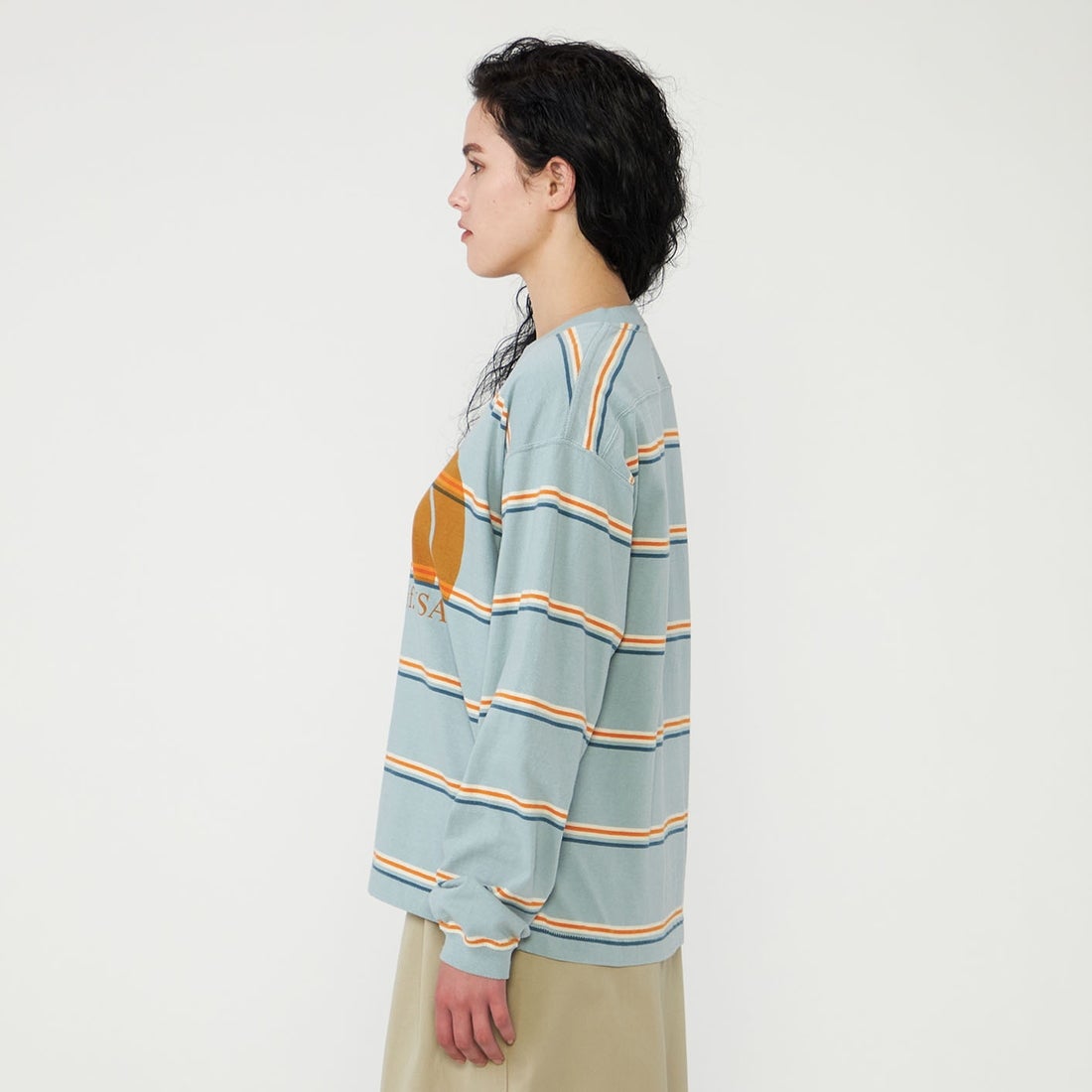 THE NORTH FACE PURPLE LABEL [ザ ノースフェイス パープルレーベル] フィールド ロングスリーブ ストライプTシャツ [N26FT034] SX SAX &&モデル身長：161cm 着用サイズ：WS&&