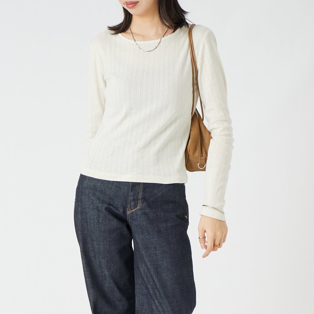 Health knit [ヘルスニット] アイレット ジャカードリブクルーネックカットソー [HR26F-L454] 61 IVORY &&モデル身長：162cm 着用サイズ：F&&