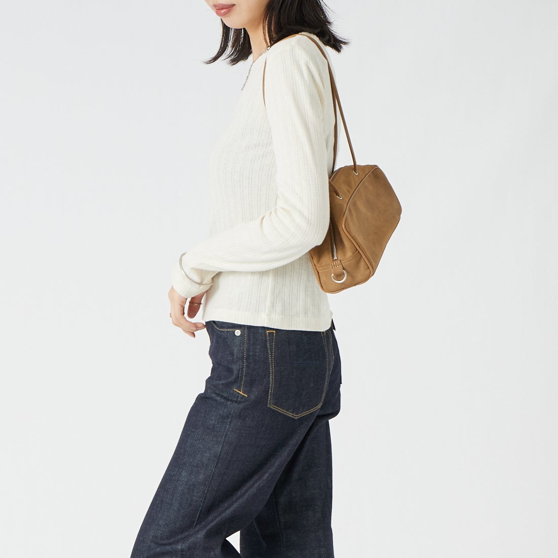 Health knit [ヘルスニット] アイレット ジャカードリブクルーネックカットソー [HR26F-L454] 61 IVORY &&モデル身長：162cm 着用サイズ：F&&