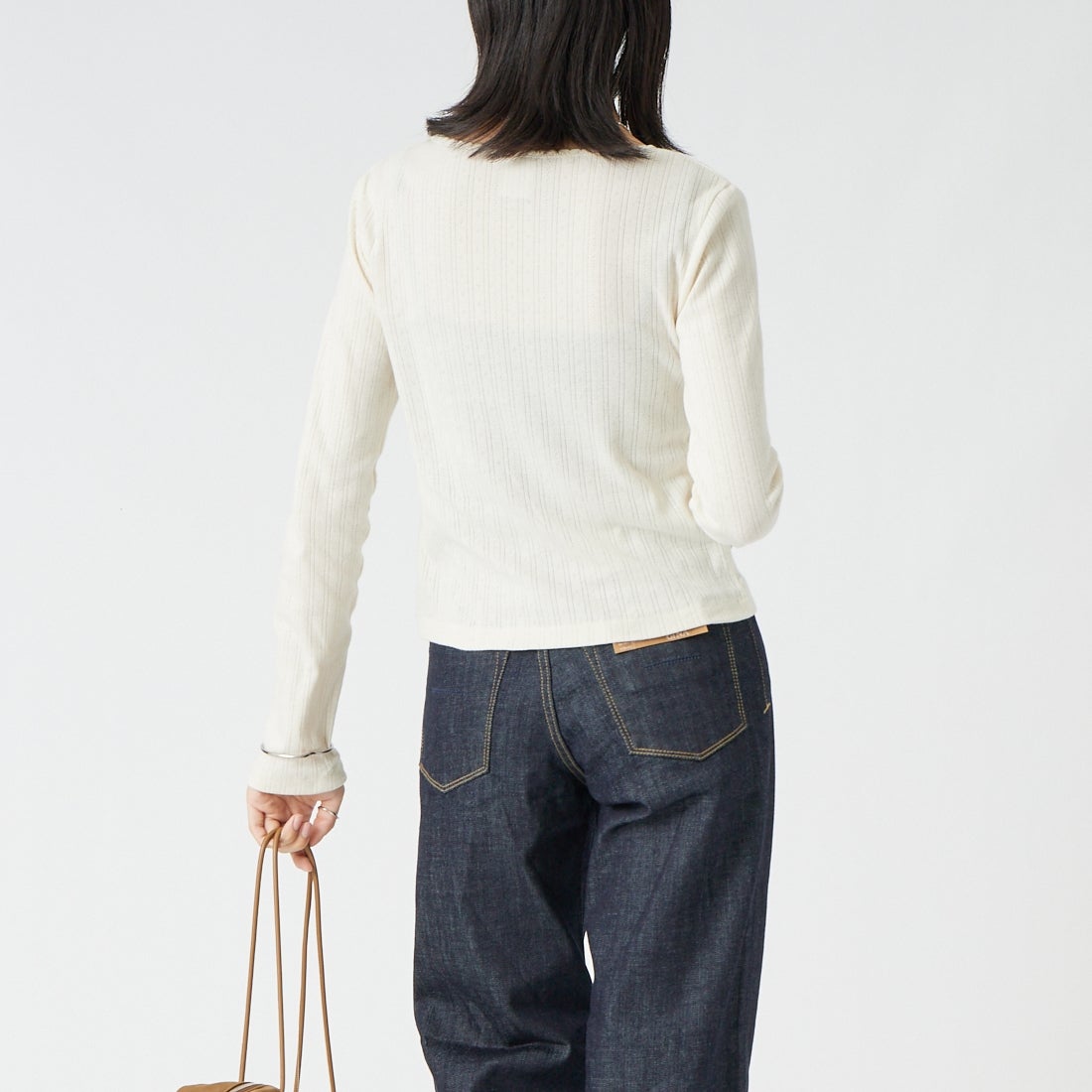 Health knit [ヘルスニット] アイレット ジャカードリブクルーネックカットソー [HR26F-L454] 61 IVORY &&モデル身長：162cm 着用サイズ：F&&