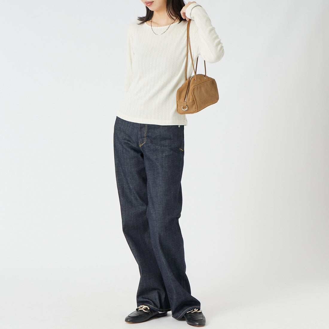 Health knit [ヘルスニット] アイレット ジャカードリブクルーネックカットソー [HR26F-L454] 61 IVORY &&モデル身長：162cm 着用サイズ：F&&