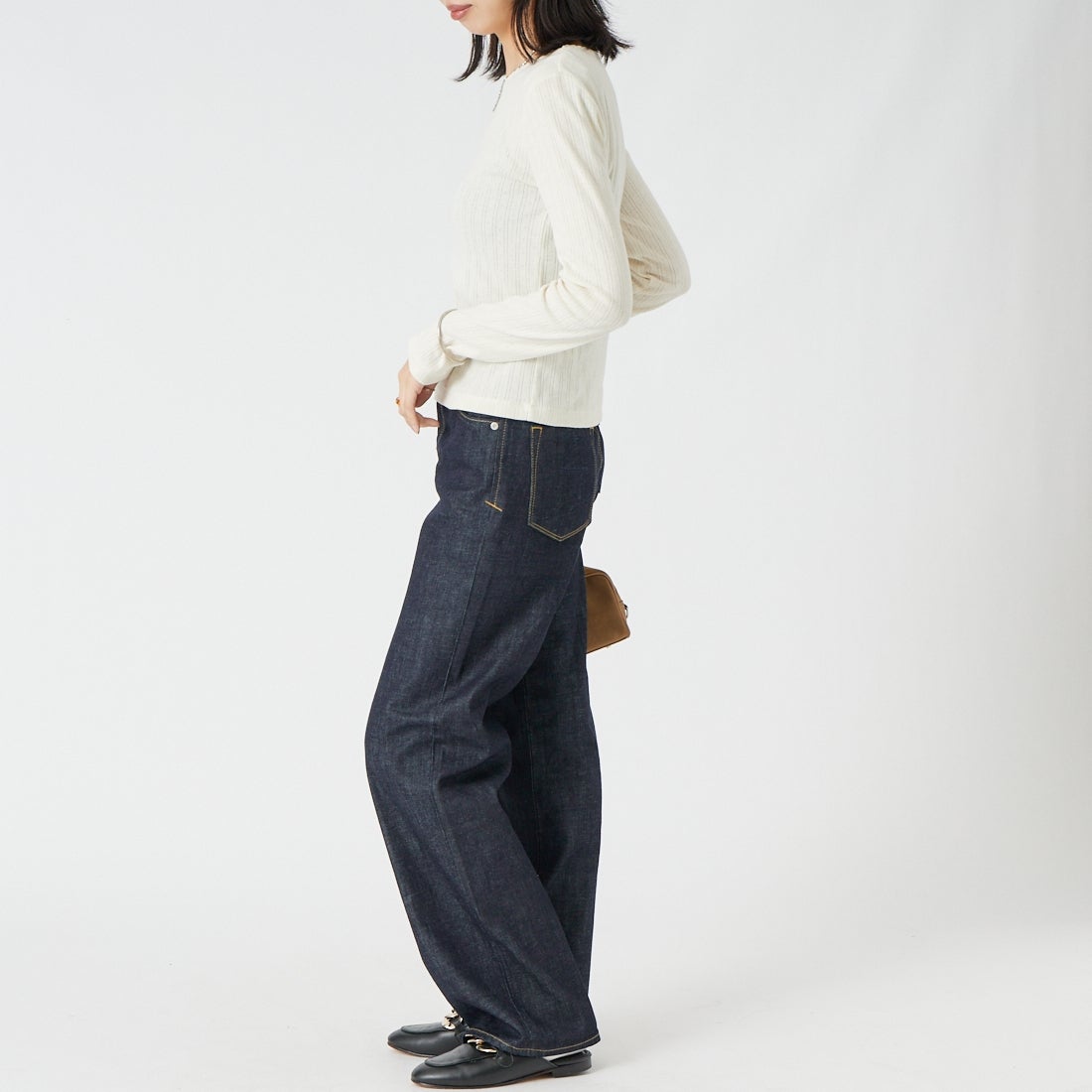 Health knit [ヘルスニット] アイレット ジャカードリブクルーネックカットソー [HR26F-L454] 61 IVORY &&モデル身長：162cm 着用サイズ：F&&
